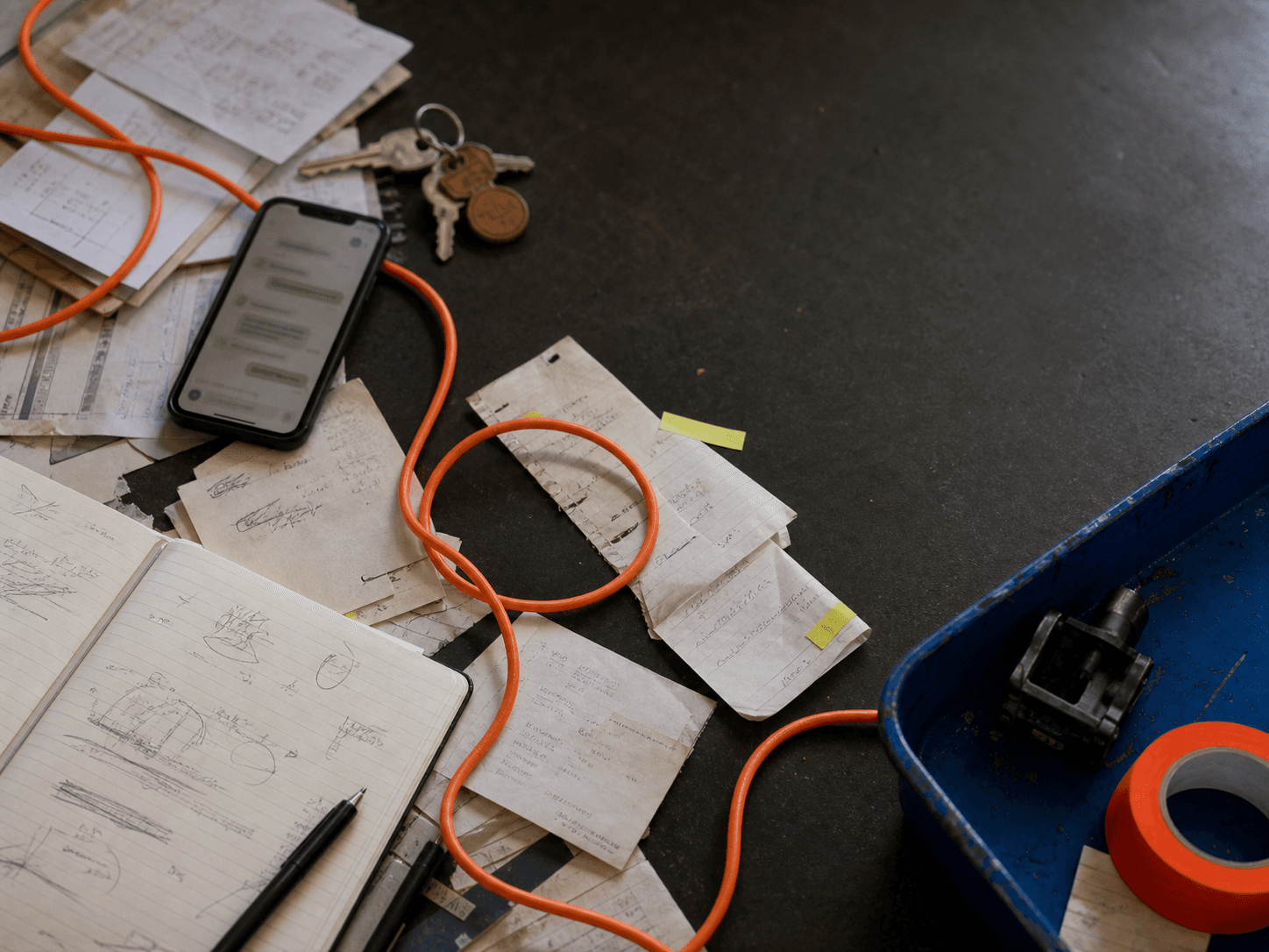 Mesa vista desde arriba con notas, un móvil y un cable naranja enredado.
