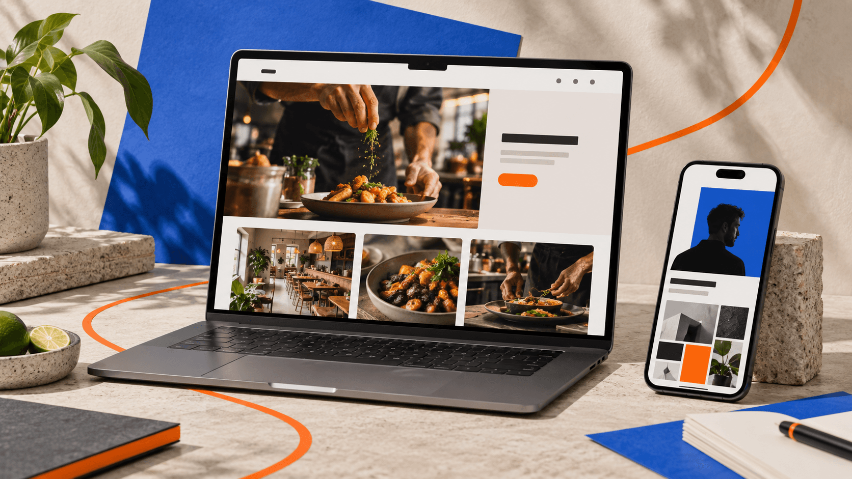 Composición ilustrativa de una web para hostelería y una web de portfolio profesional en portátil y móvil