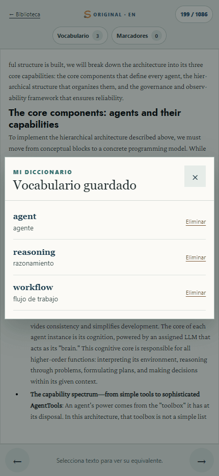 Lista de vocabulario personal guardado en Lector Bilingüe.