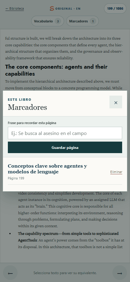 Lista de marcadores guardados con contexto en Lector Bilingüe.