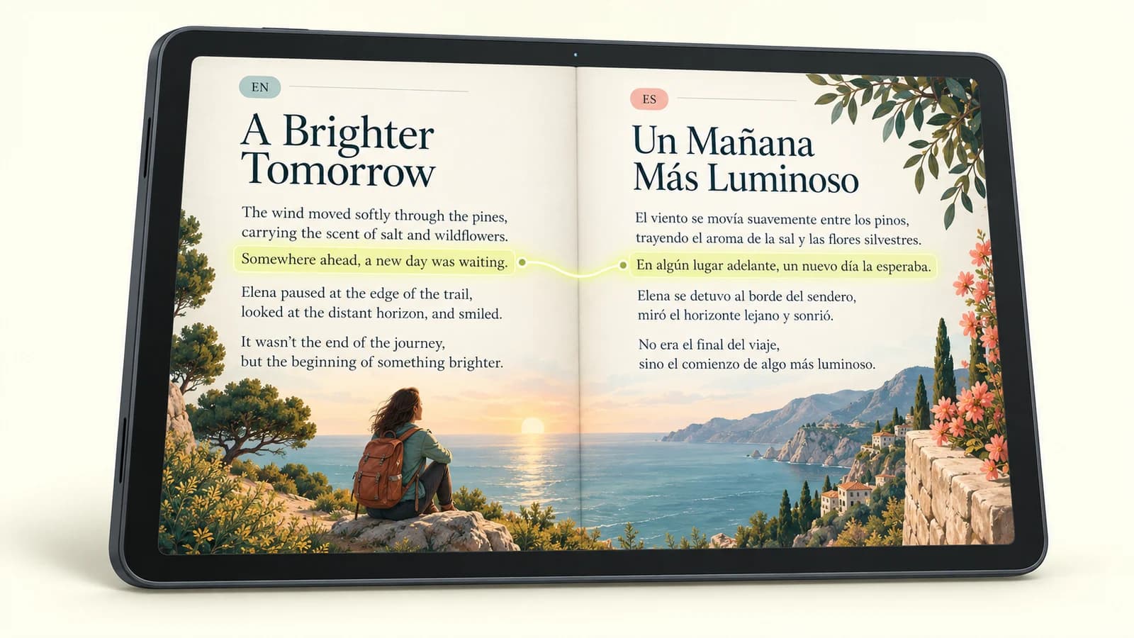 Tablet Android con un libro abierto en inglés y español y una frase conectada entre ambos idiomas