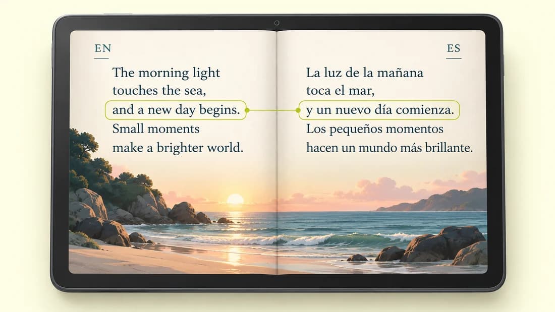 Tablet Android con un libro abierto en inglés y español y una frase conectada entre ambos idiomas