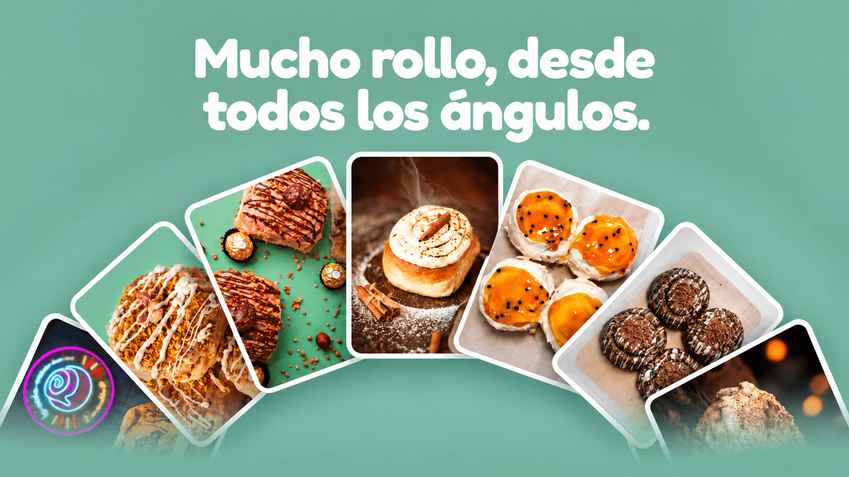 Galería verde de Enrolla2 con fotos de cinnamon rolls dispuestas en abanico