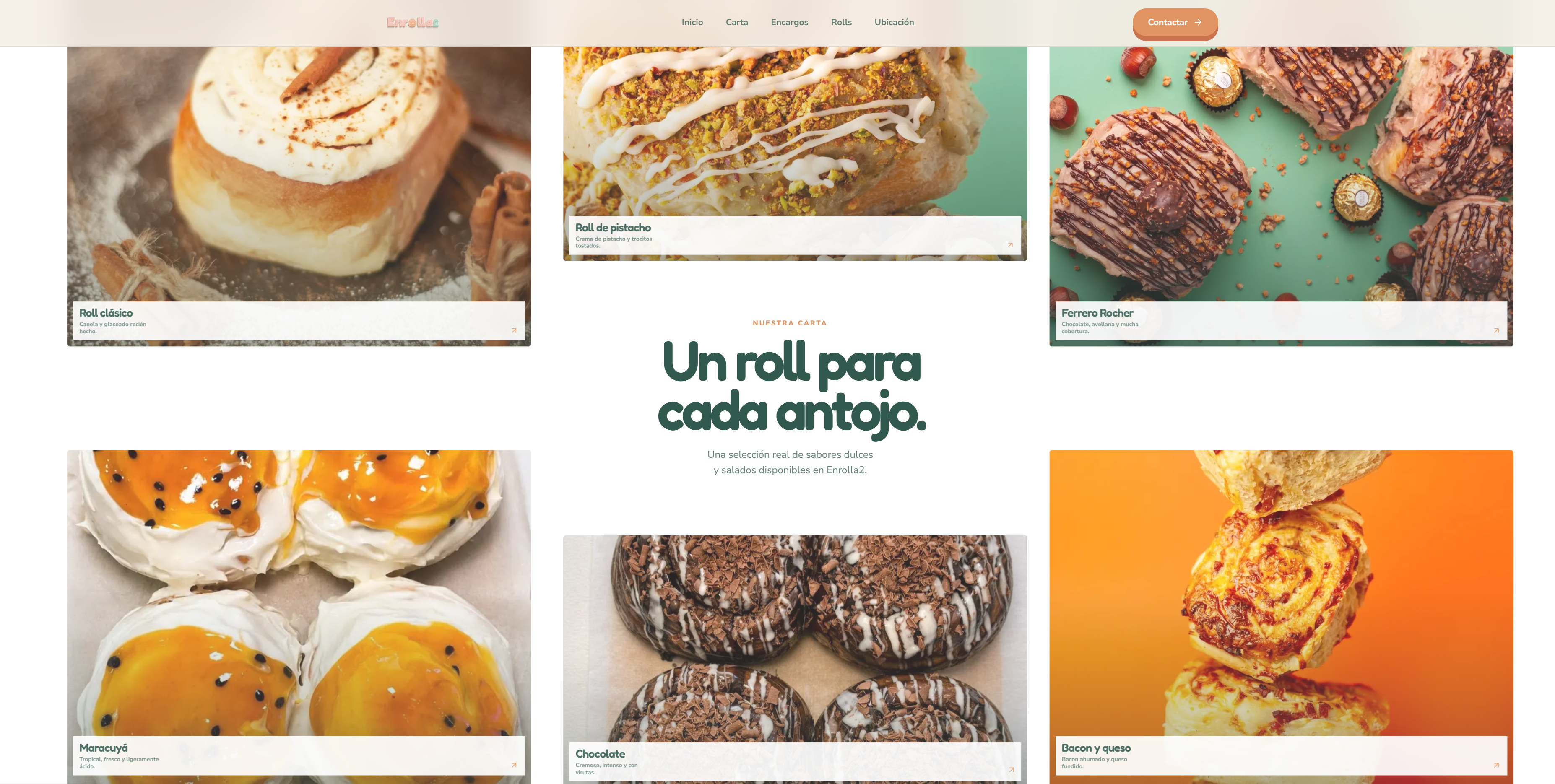 Sección de la carta de Enrolla2 con seis sabores de rolls