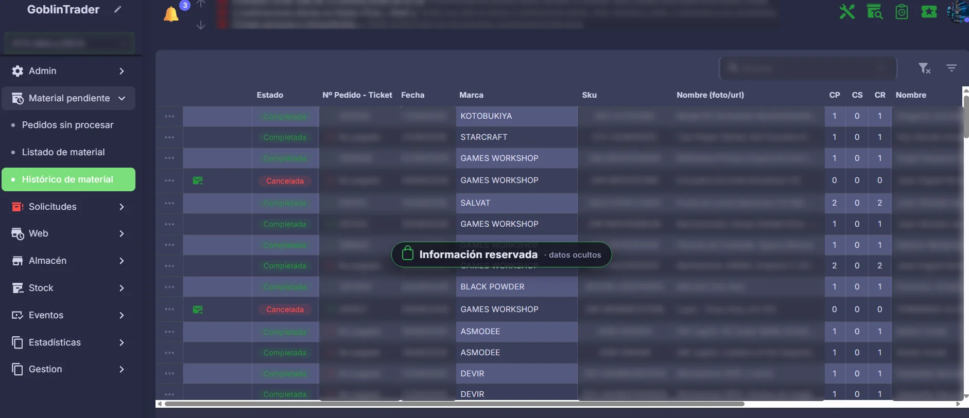 Histórico de material de GoblinTrader con los datos ocultos por ser información reservada