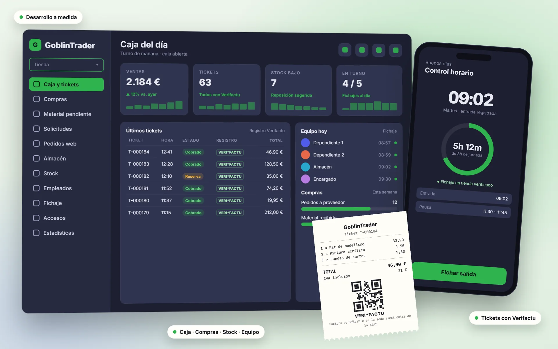 Panel de GoblinTrader con la caja del día, un móvil con el control horario y un ticket con código Verifactu