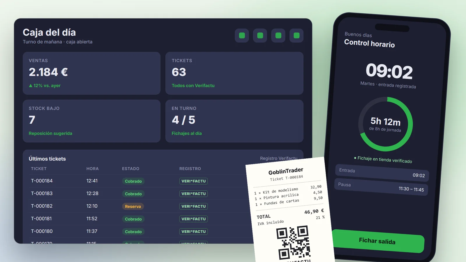 Panel de GoblinTrader con la caja del día, un móvil con el control horario y un ticket con código Verifactu