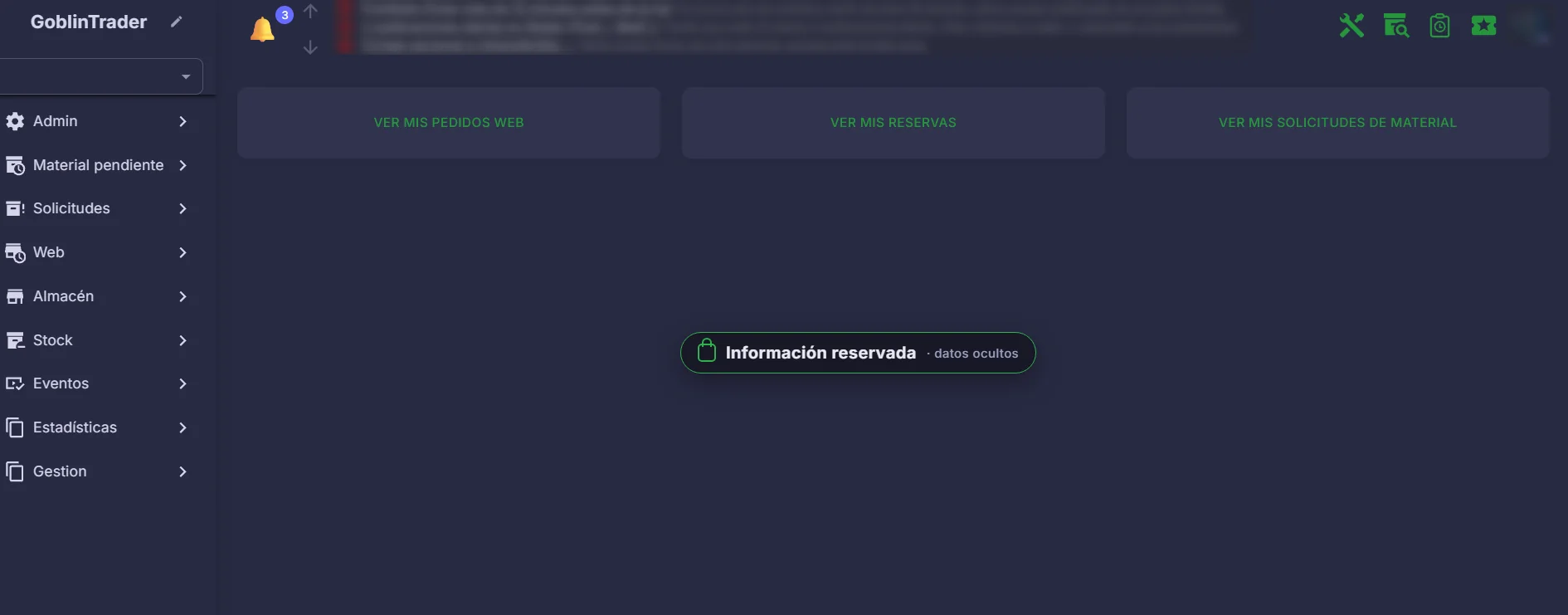 Panel de inicio de GoblinTrader con los avisos internos ocultos por ser información reservada
