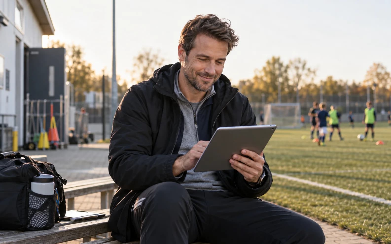 Responsable de un club deportivo sonríe mientras organiza la semana en una tablet junto al campo